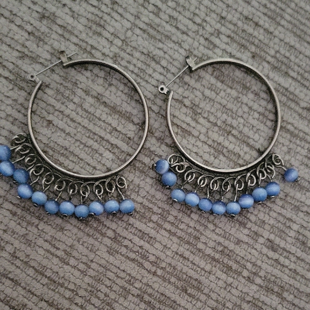 Vintage Blue Glass Beaded Dangle Pierced Earrings Silver Toned Hoops